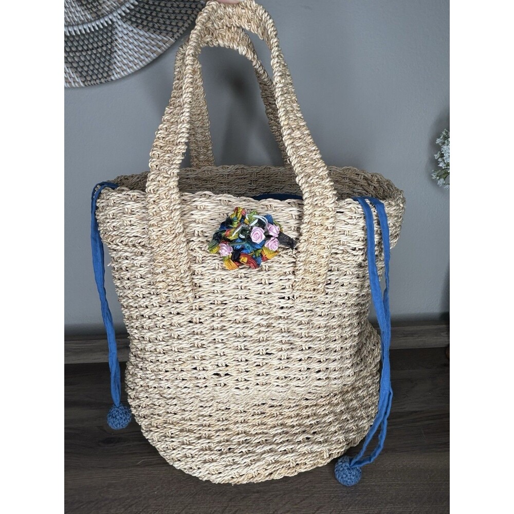 Vintage Handcrafted Straw Yarn Project Bag Knit Crochet Tote Fabric Lined Pompom